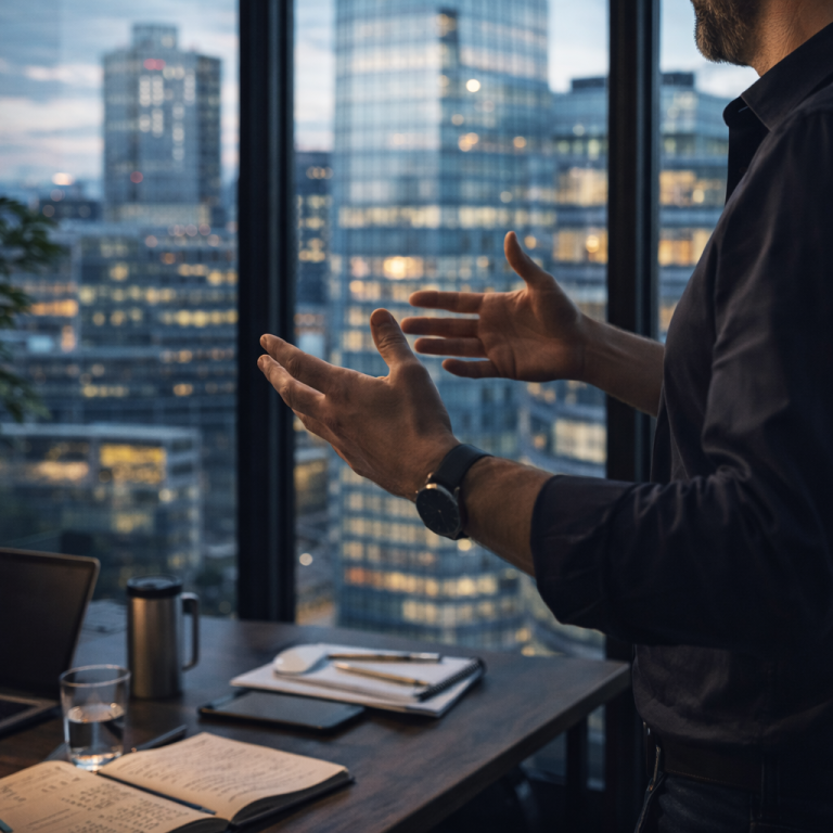 Consultant presenting in an office, delivering advisory services