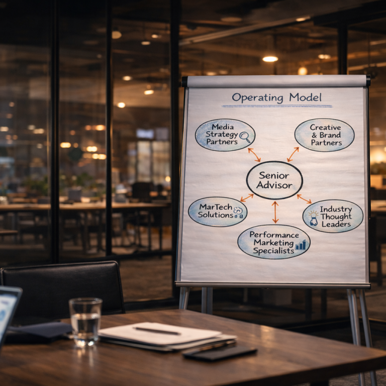 Operating model on a flip chart, Senior Advisor with key partners listed