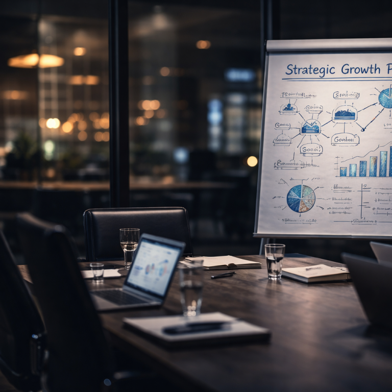 Strategic planning session in a boardroom with growth roadmap on flip chart