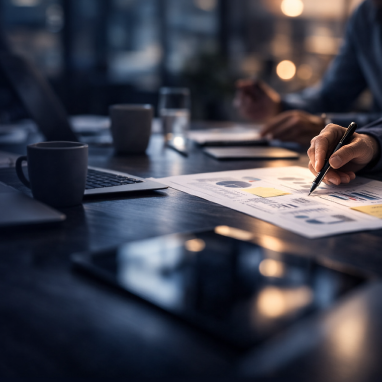 Consultant reviewing commercial and digital performance documents